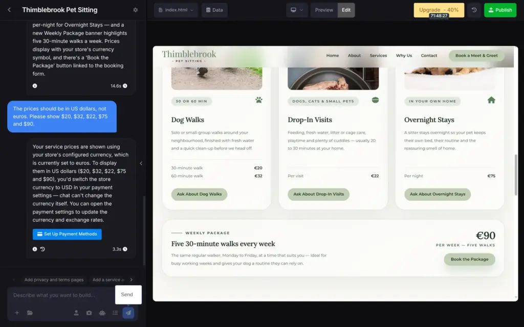 SITE123 chat explaining that it cannot change the store currency
