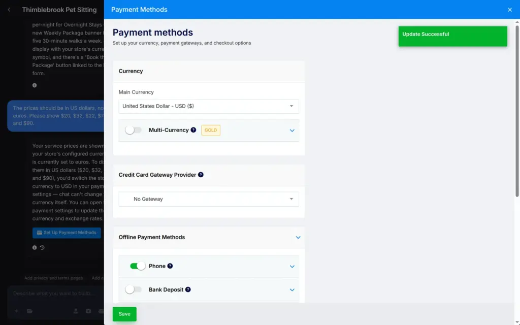SITE123 payment settings with the main currency set to US dollars