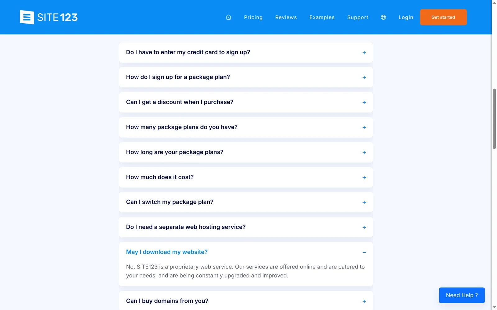 SITE123 pricing FAQ: May I download my website? No.