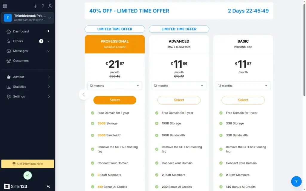 SITE123 plan page with a 40 percent offer and a countdown