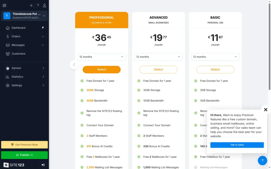 SITE123 plan page in the dashboard with prices in euros