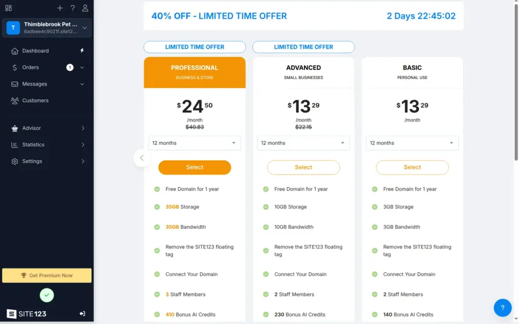SITE123 plan page switched to US dollars