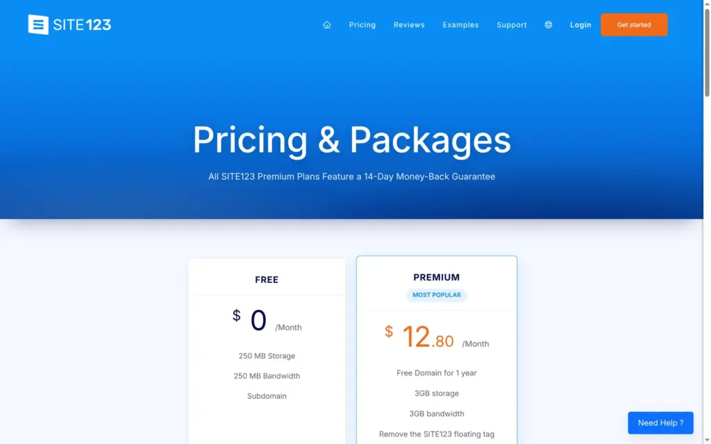 SITE123 public pricing page with Free and Premium