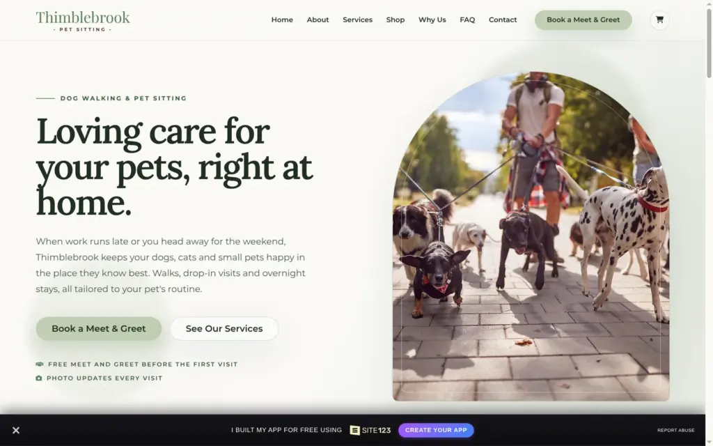 Live demo site with the SITE123 bar at the bottom of the screen