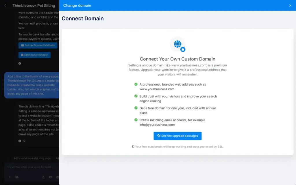 SITE123 window saying that a custom domain is a premium feature