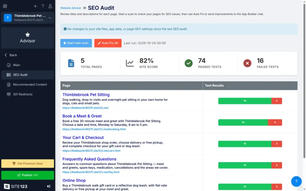 SITE123 SEO Audit with a site score of 82 percent