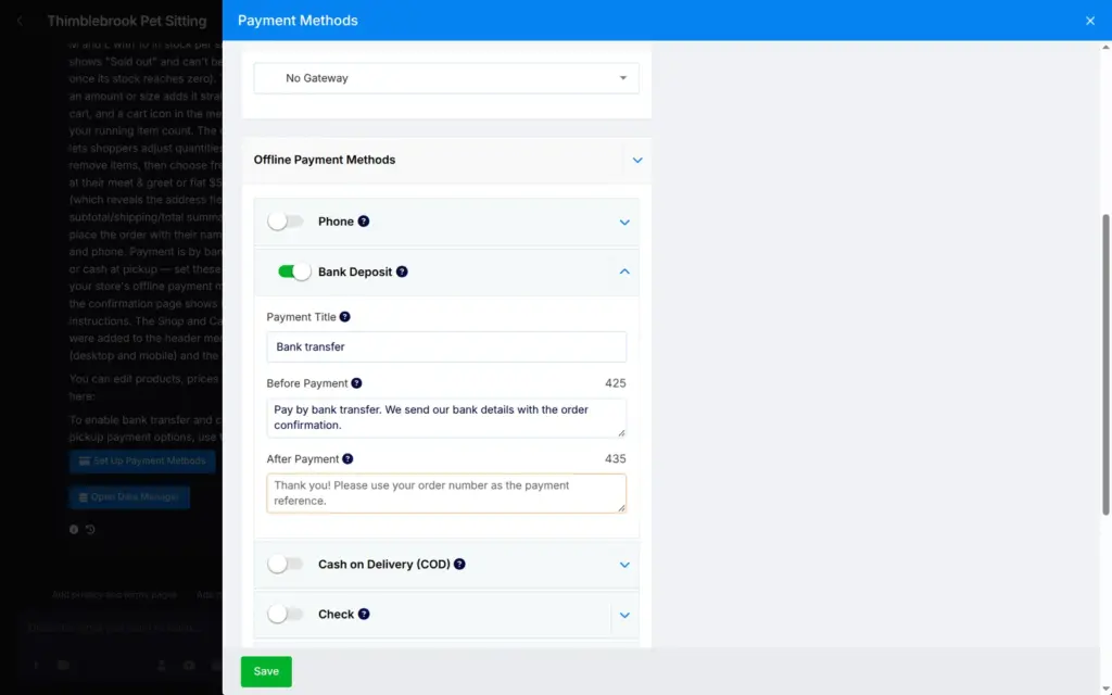 Offline payment settings in SITE123 with bank transfer switched on