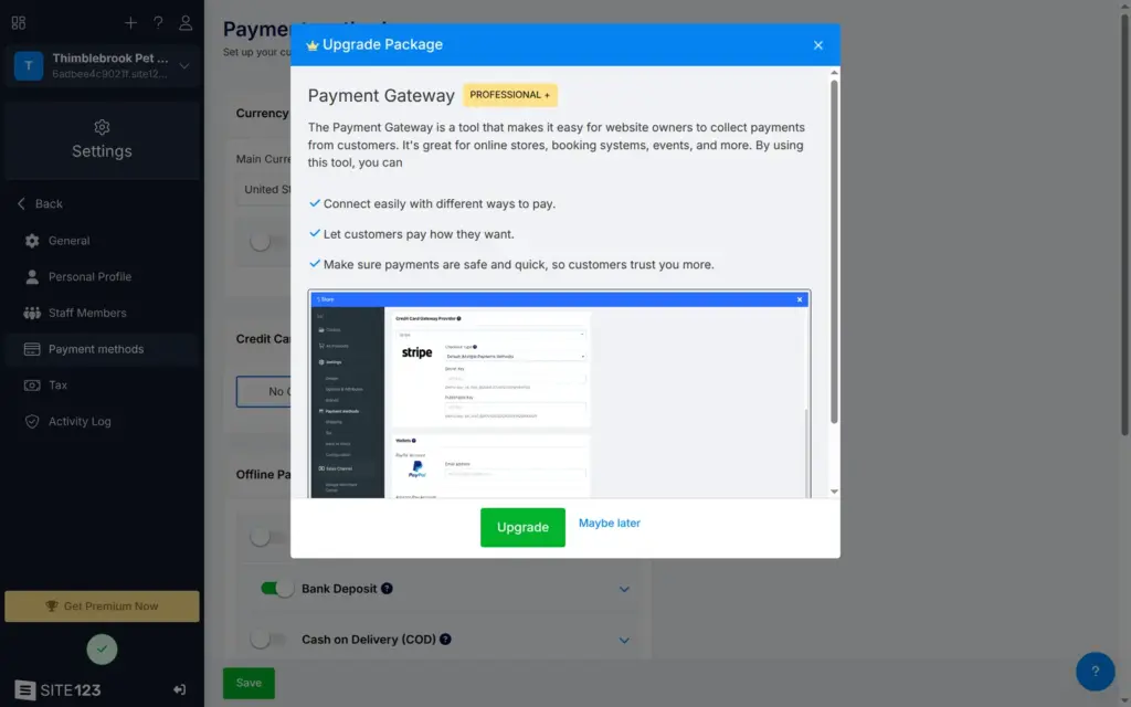 SITE123 upgrade window: Payment Gateway needs Professional