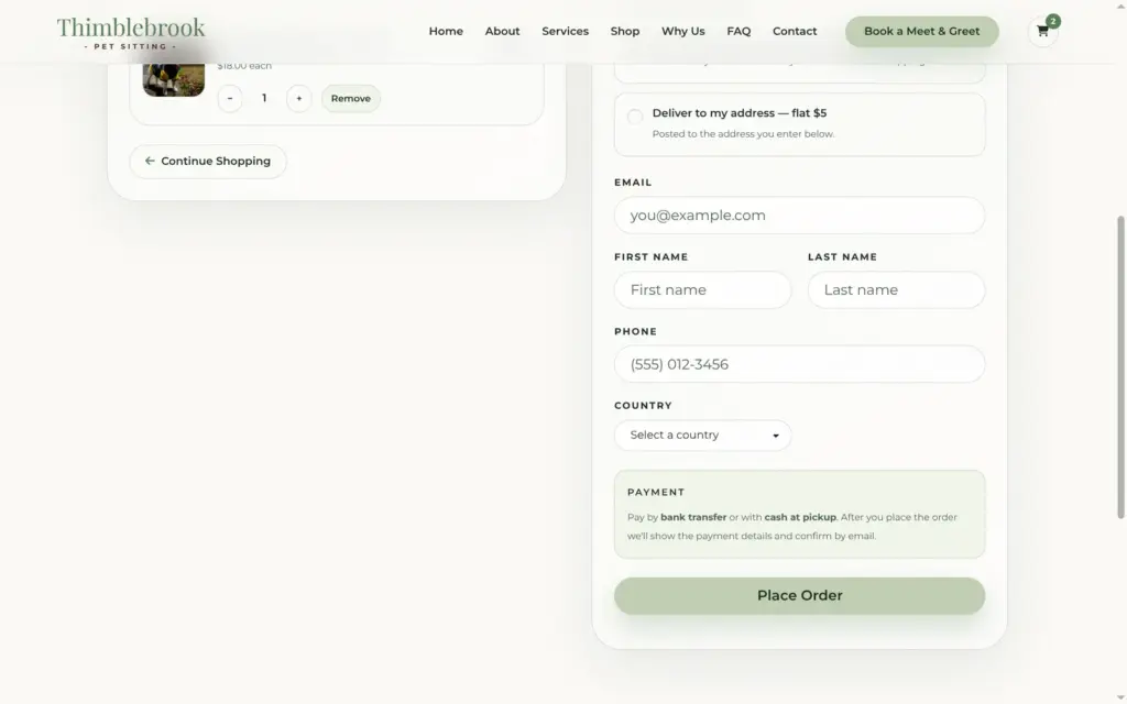 Checkout form with contact details and a payment note