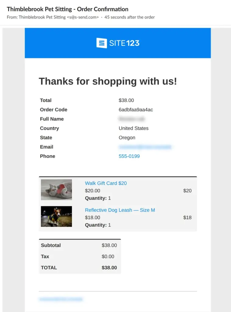 Order confirmation email to the customer, with name and email blurred