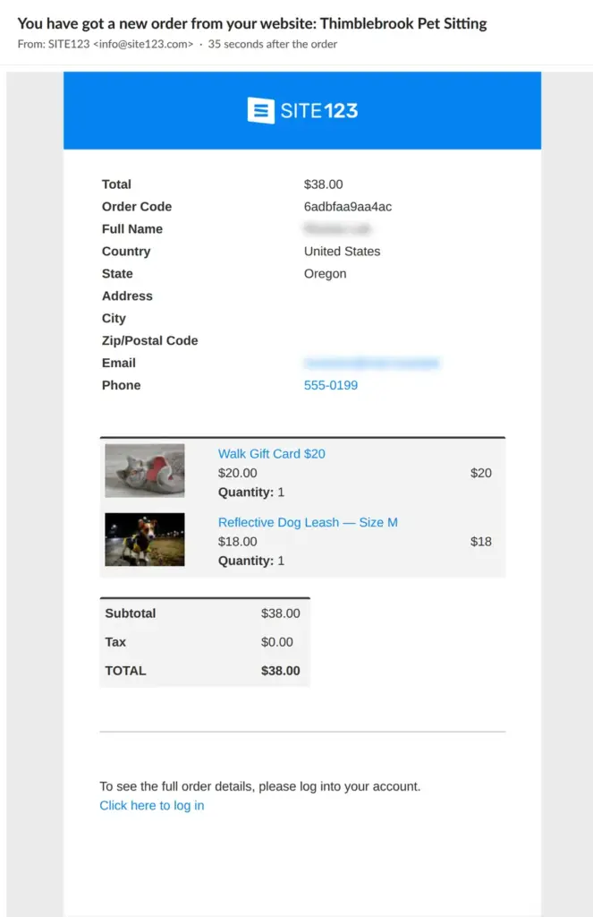 SITE123 order email to the owner, with name and email blurred