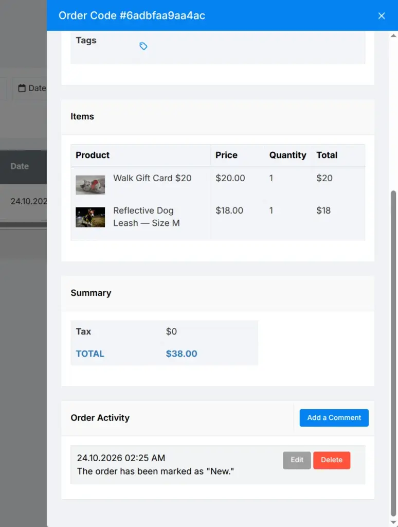 Order details in the SITE123 dashboard with taxes of zero