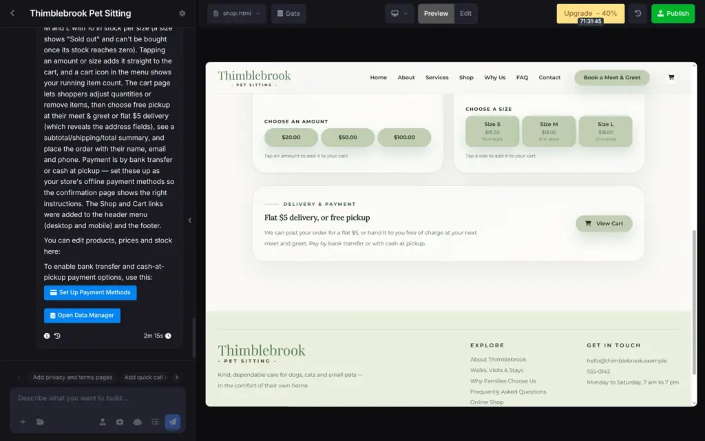 Shop page that the SITE123 AI built, in the editor preview