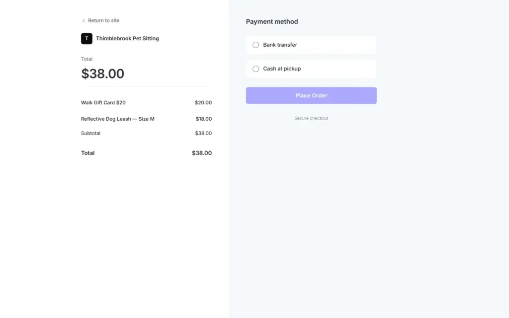 SITE123 payment page with bank transfer and cash at pickup