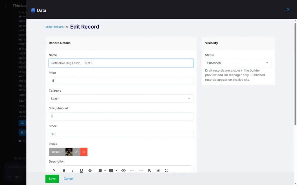 A product record with name, price, category, size, stock and image