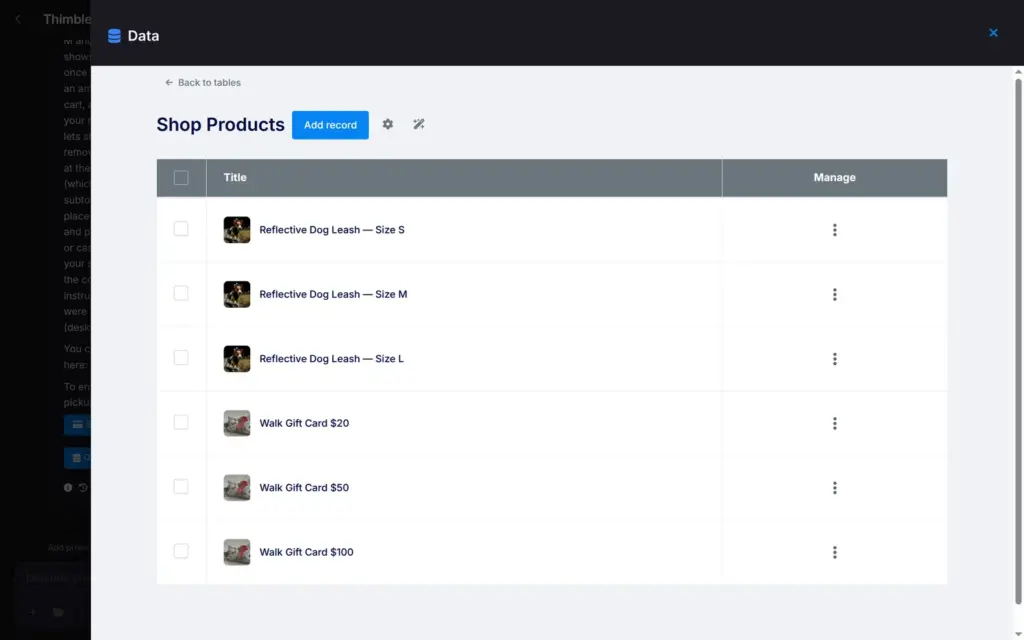 Shop Products table in the SITE123 Data section with six products