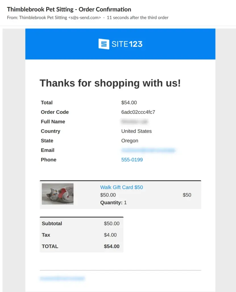 Order confirmation with 8 percent tax, with name and email blurred