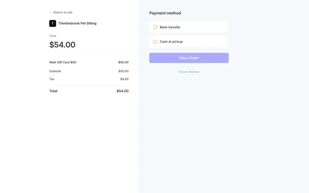 SITE123 payment page adding $4.00 tax to a $50 order