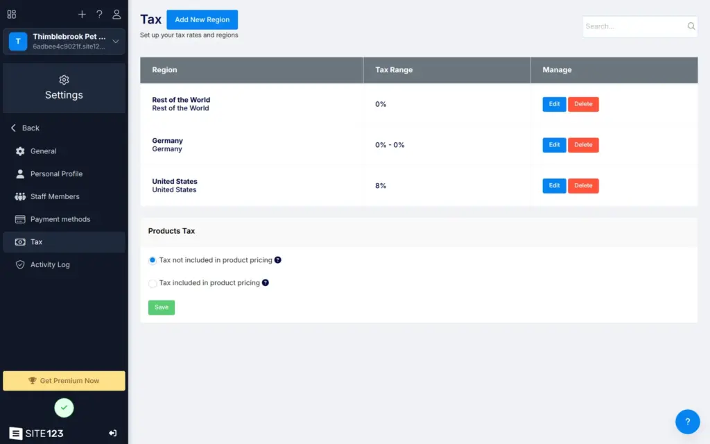 SITE123 tax settings with a region for the United States at 8 percent