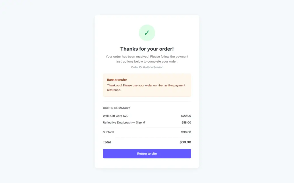 Order confirmation page with the bank transfer note