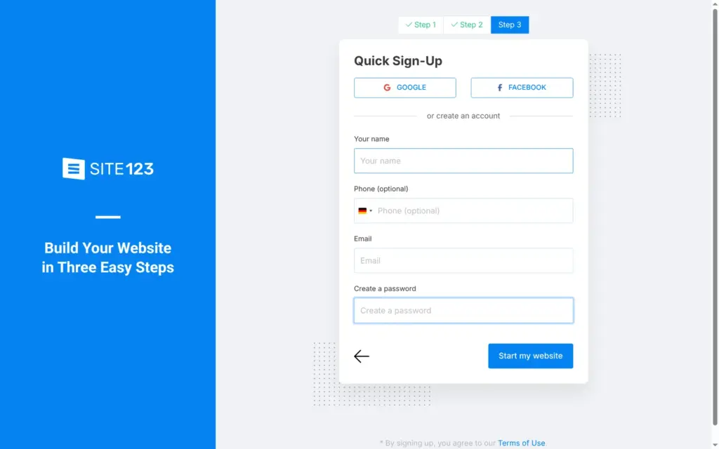 SITE123 sign-up step for the account