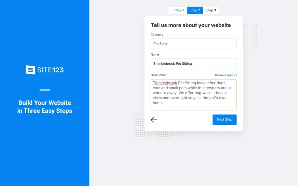 SITE123 sign-up step with the business category, name and description