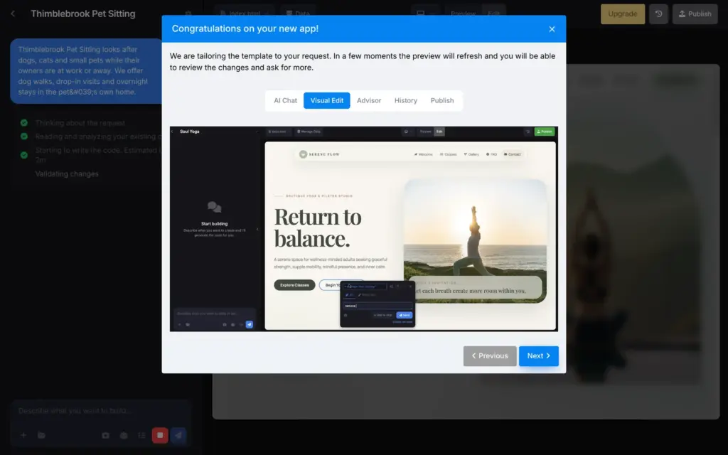 Short tour of the editor while SITE123 builds the first version