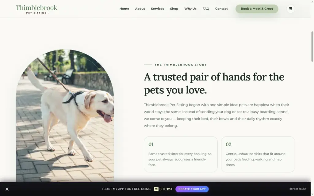 About section of the pet-sitting demo site