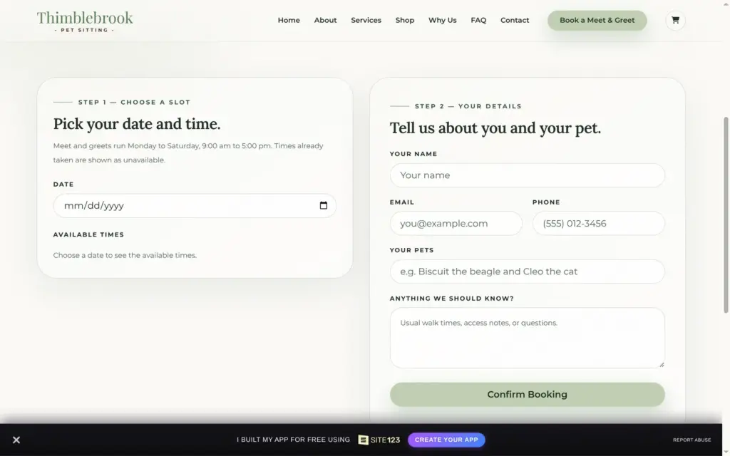 Booking page with date, time slots and a form