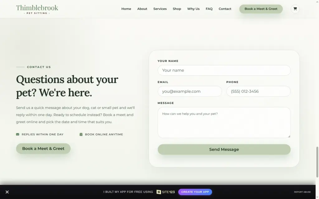 Contact section with a message form