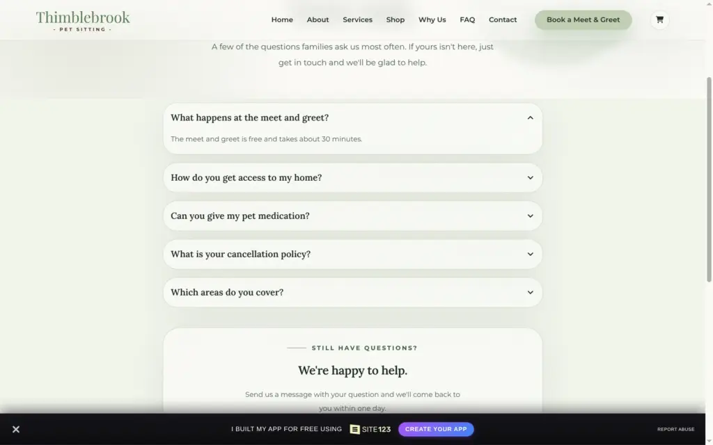 FAQ page with five questions
