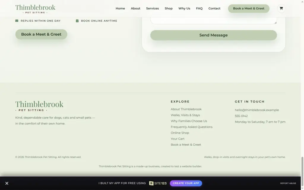 Footer with placeholder contact details and the note that the business is made up