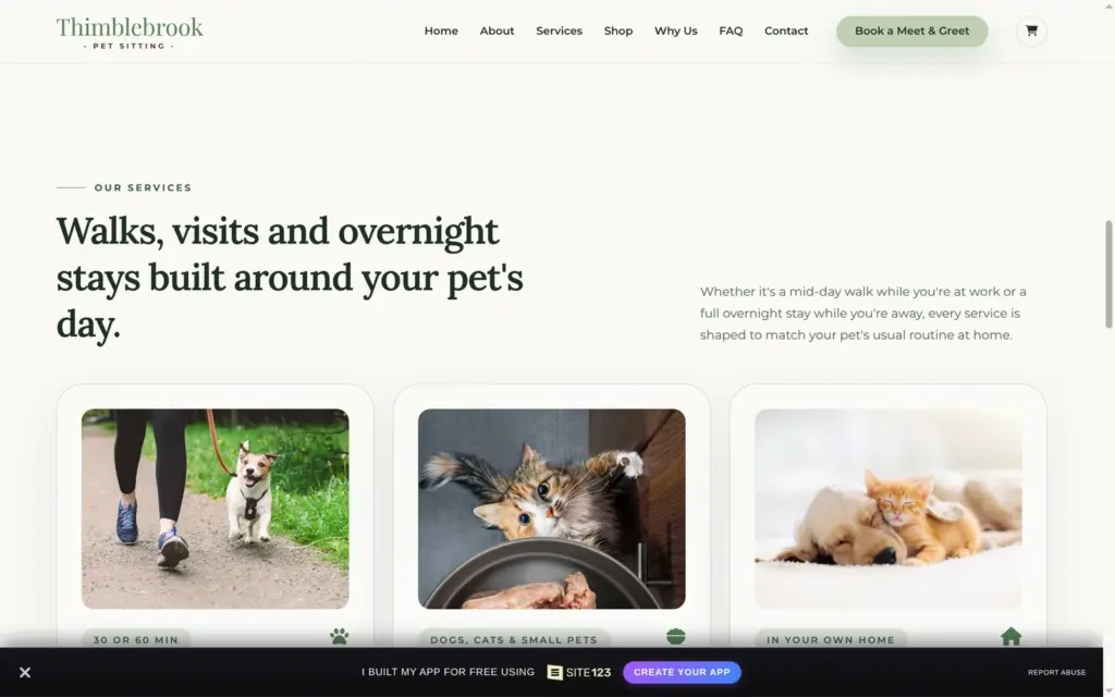 Services with prices on the pet-sitting demo site