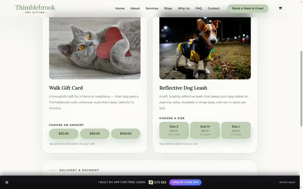 Shop page with a gift card and a dog leash in three sizes
