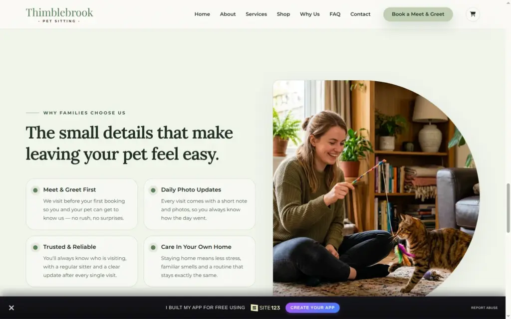 Section with reasons to choose the pet sitter, with an AI-made photo