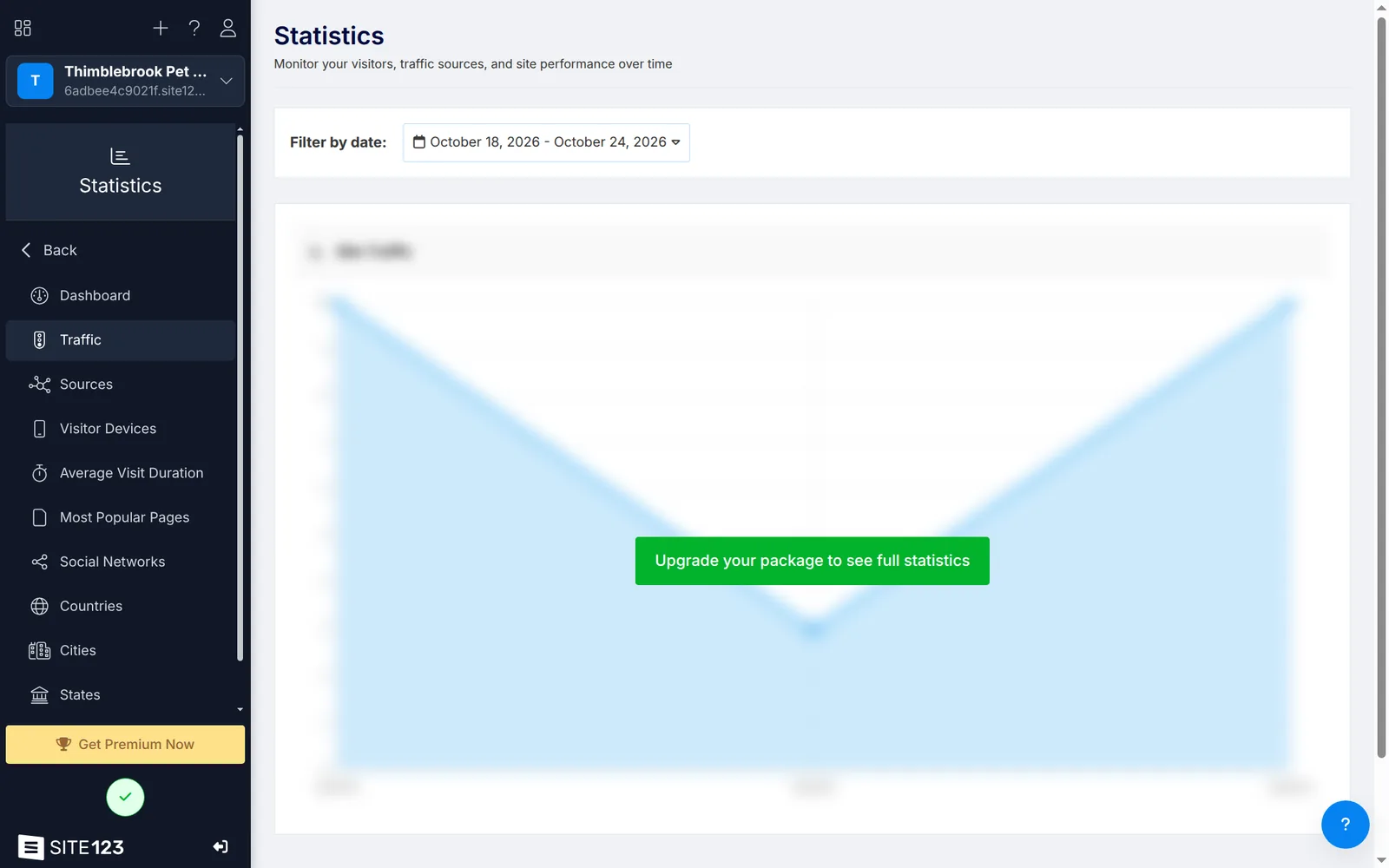 SITE123 statistics page with a blurred chart and an upgrade button
