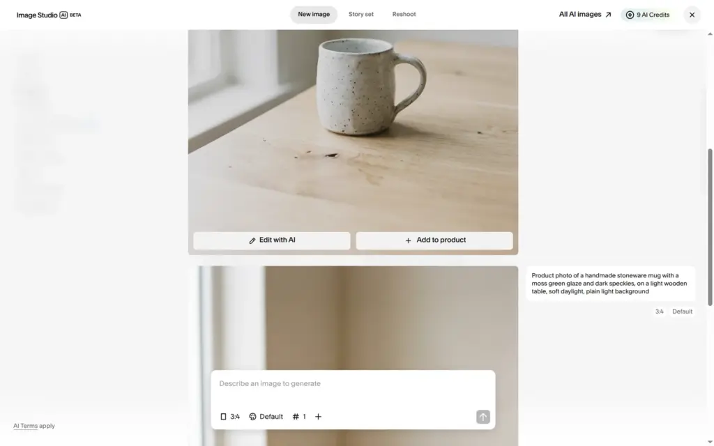 Two AI-generated product photos of a speckled mug in two glazes