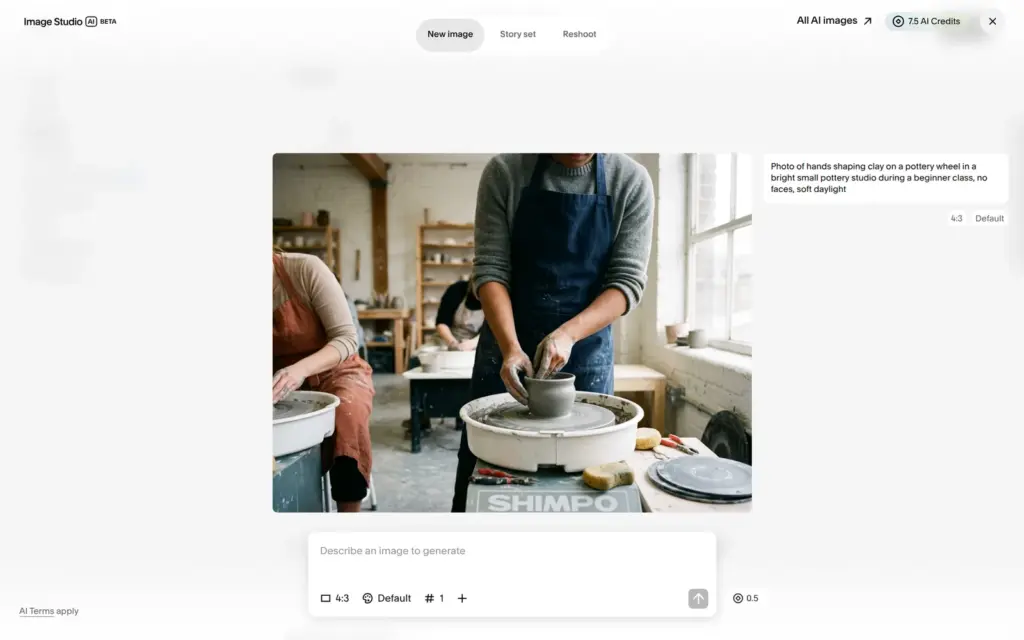 AI-generated class photo with a real brand name on the pottery wheel