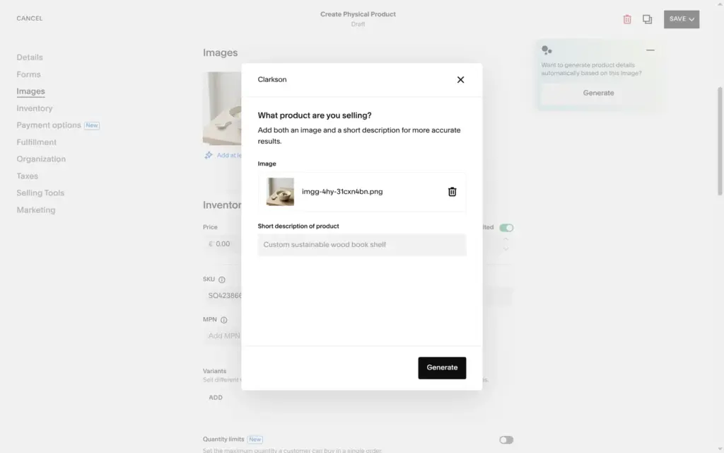 Squarespace AI asking what product you are selling