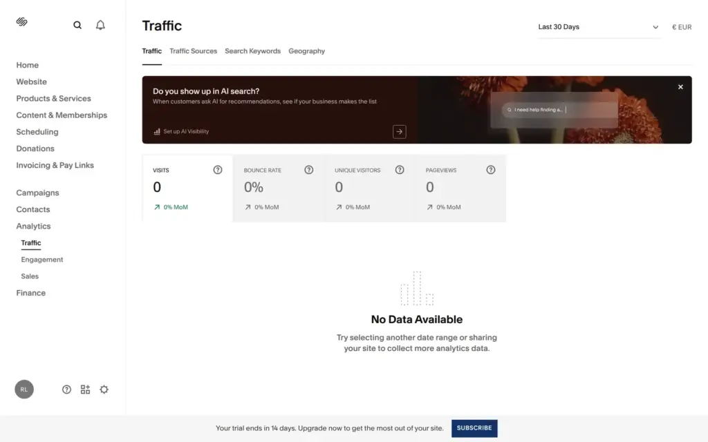 Squarespace Analytics with no data on the trial site