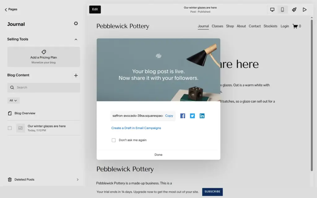 Squarespace offering to share a newly published blog post