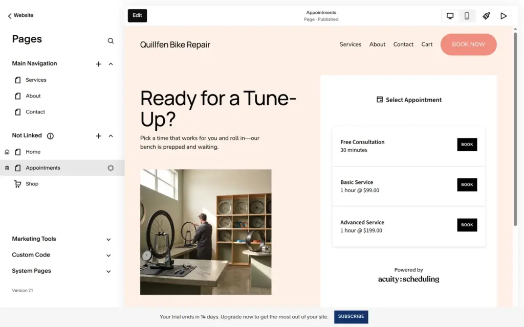 Booking page with sample appointment types from Acuity Scheduling