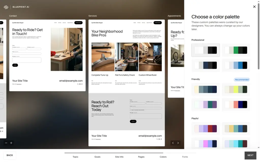 Blueprint AI color palettes next to page previews