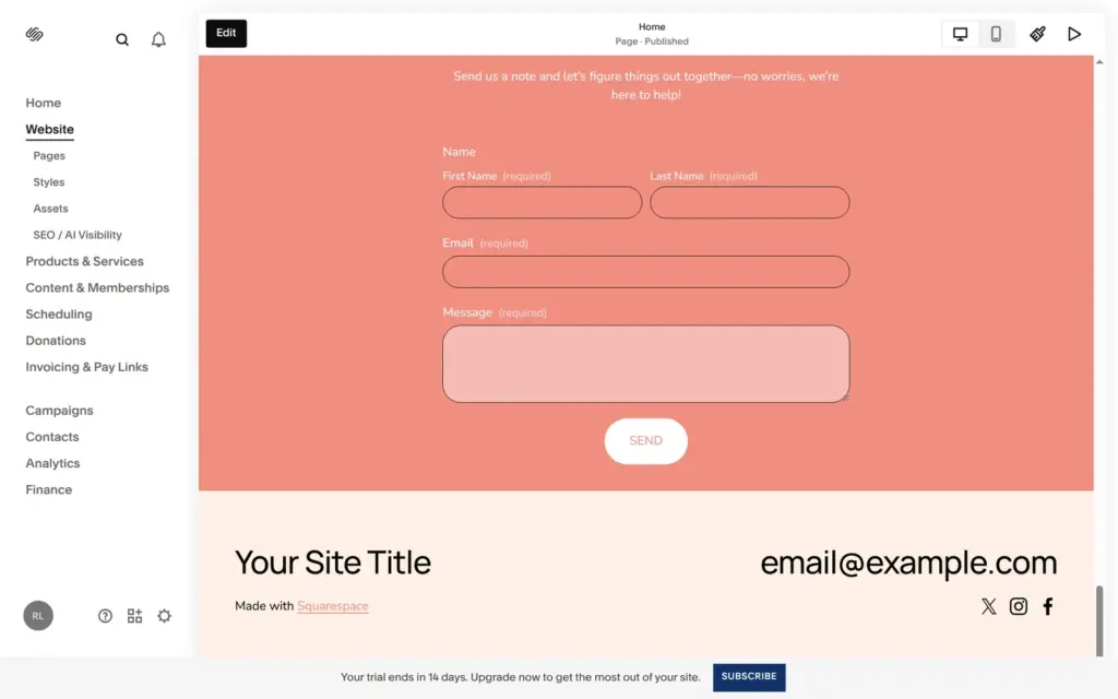 Blueprint site footer with Your Site Title and a sample email address
