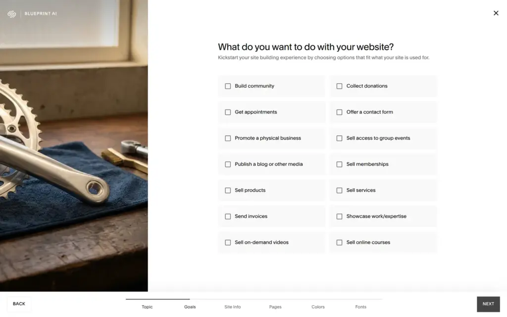 Blueprint AI asking for the goals of the website