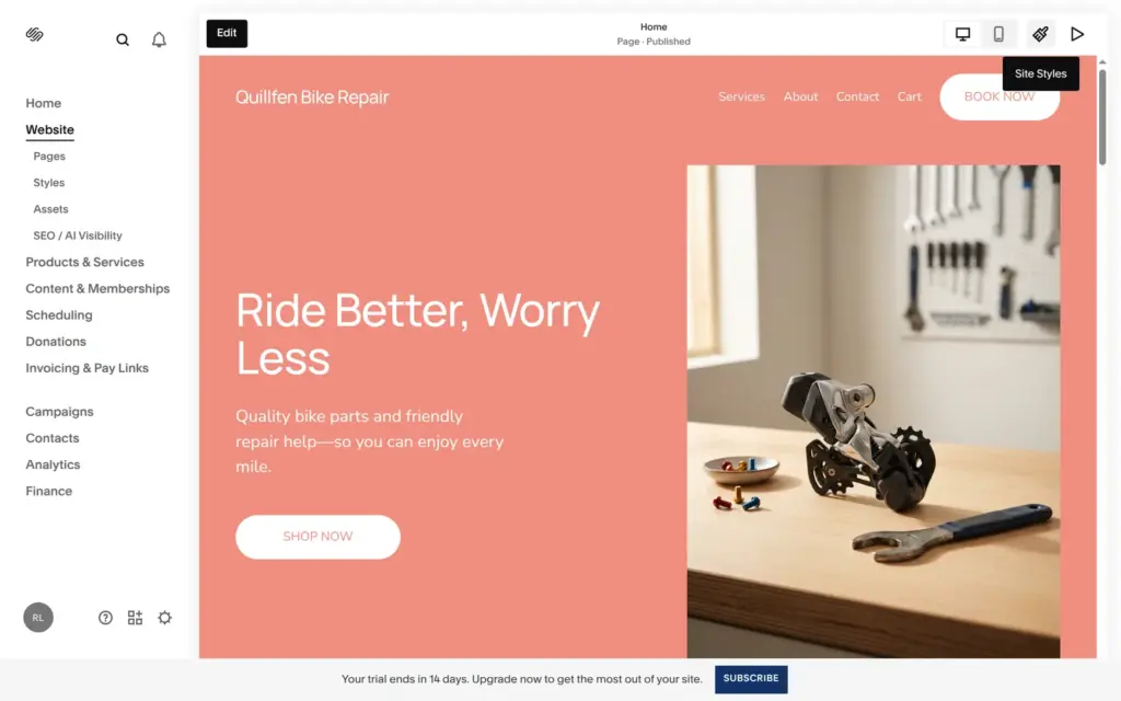 Home page of the bike repair site built by Blueprint AI