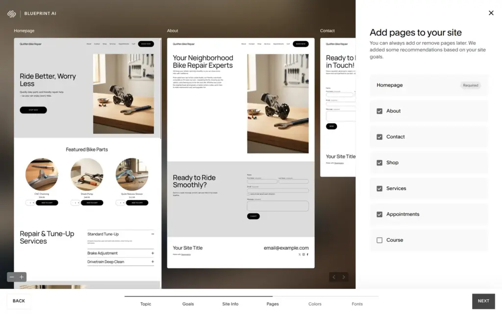 Blueprint AI page choice with previews full of sample content