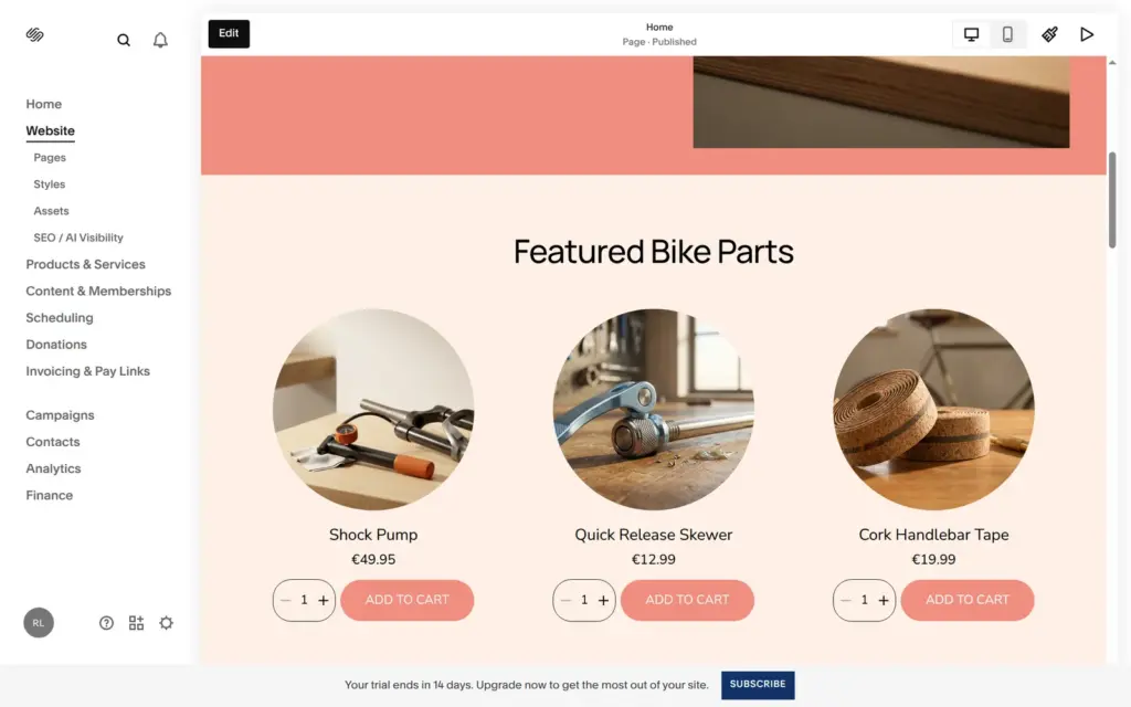 Sample bike parts with prices on the Blueprint home page