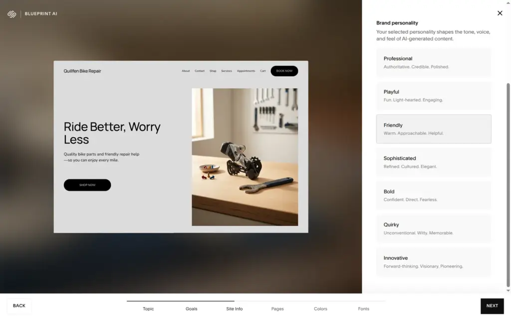 Blueprint AI asking for the site name and tone of voice