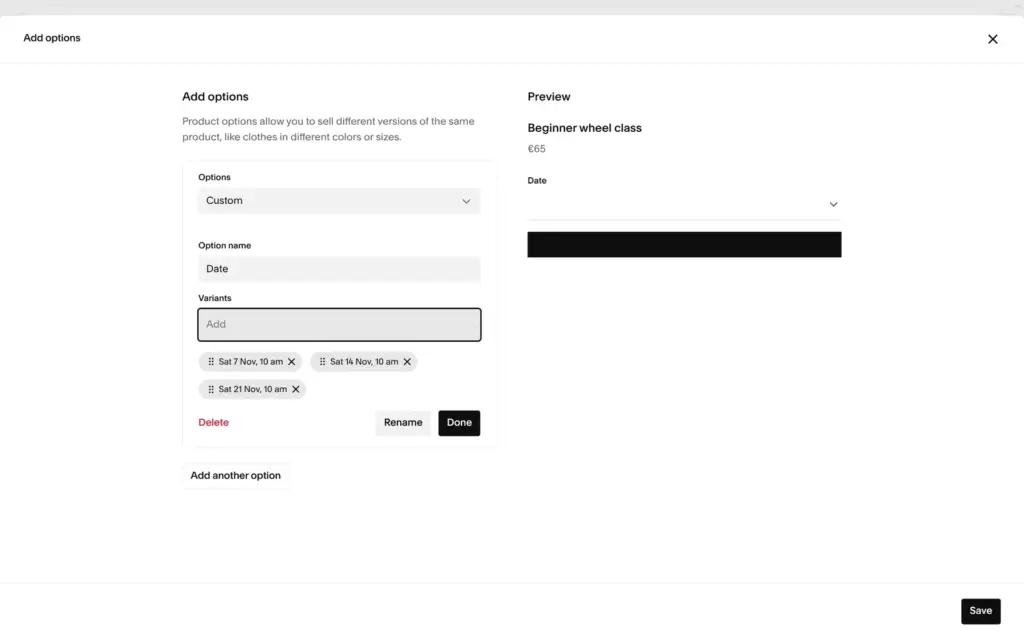 Class dates entered as variant options of a group event